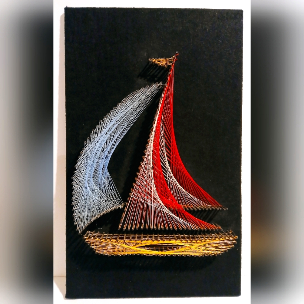 Colorful Vintage String Art Sailboat on Black Felt Board Canvas